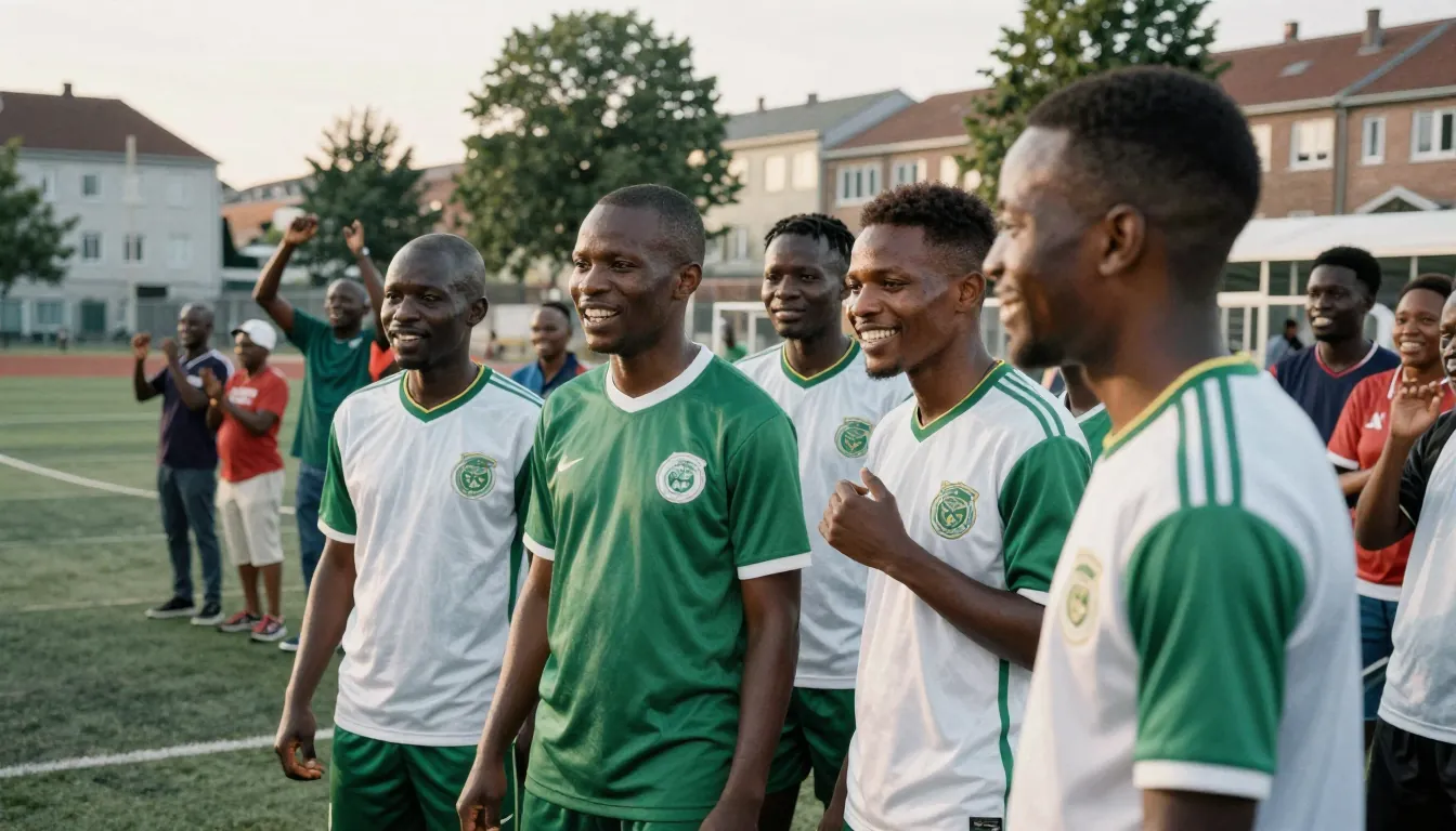 Fußballmannschaft in grün-weißen Trikots auf einem Sportplatz