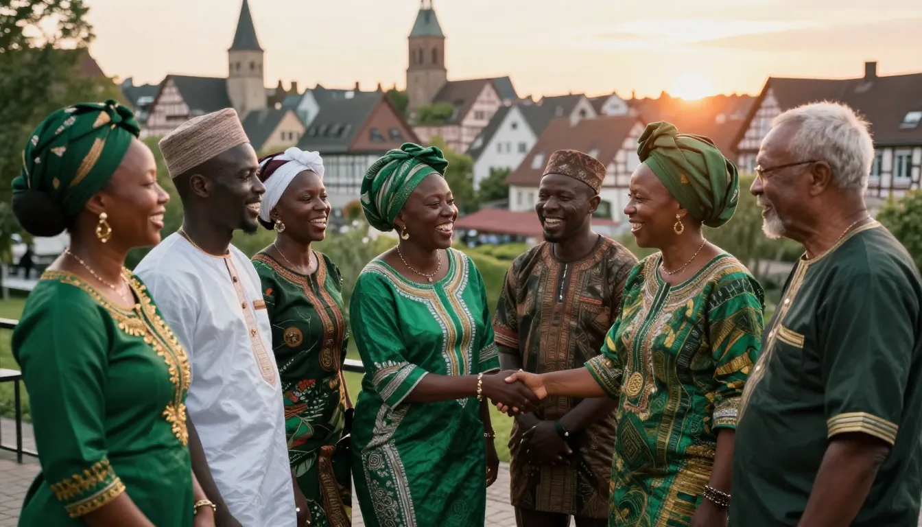 Nigerianische Gemeinschaft in Grün und Weiß im Abendlicht über einer Stadt mit Fachwerkhäusern, zwei Frauen reichen sich die Hand