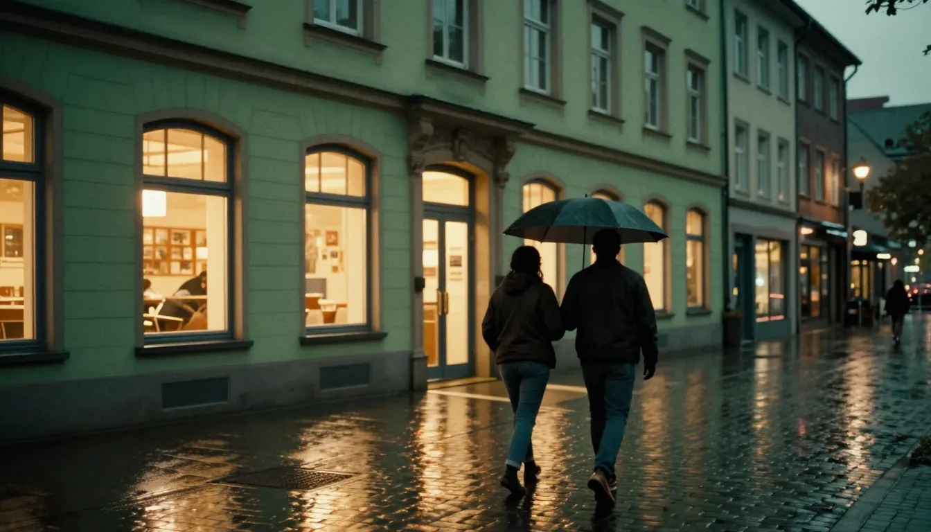 Abendliche Straße mit beleuchtetem Gemeinschaftszentrum