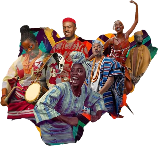 Collage in Form Nigerias: Menschen in traditioneller Kleidung, tanzend und trommelnd